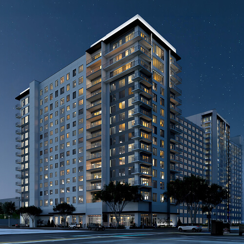 High-rise luxury building at night